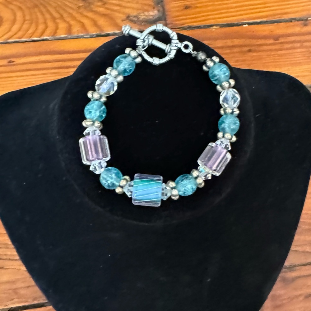 Small Lampwork Glass Bracelet - Silver Purple Blue Clear - Picture 3 of 9